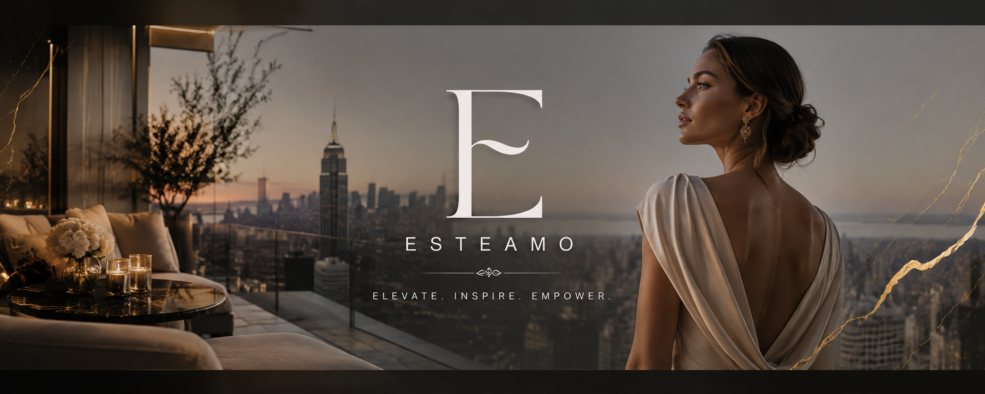 ESTEAMO — a woman in silk overlooking a golden city skyline at dusk